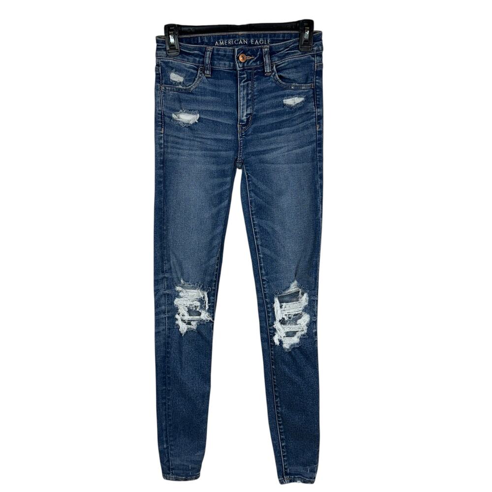 American Eagle SZ 2 LONG Hi-Rise Jeggings Jeans Distressed Rips Stretch Zip-Fly